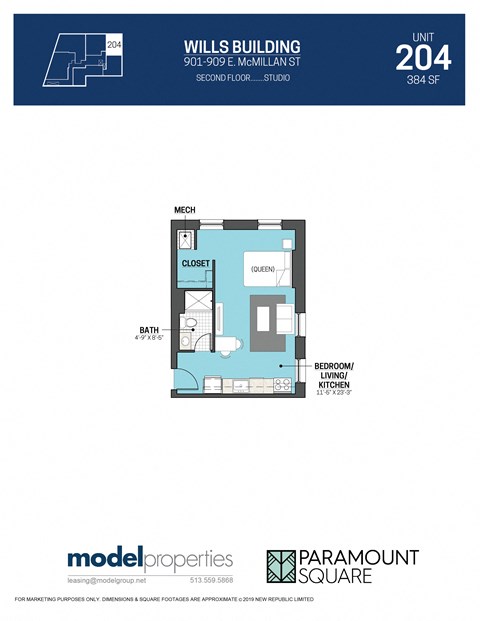 Floor plan for studio, 1 bath, 384 sqft